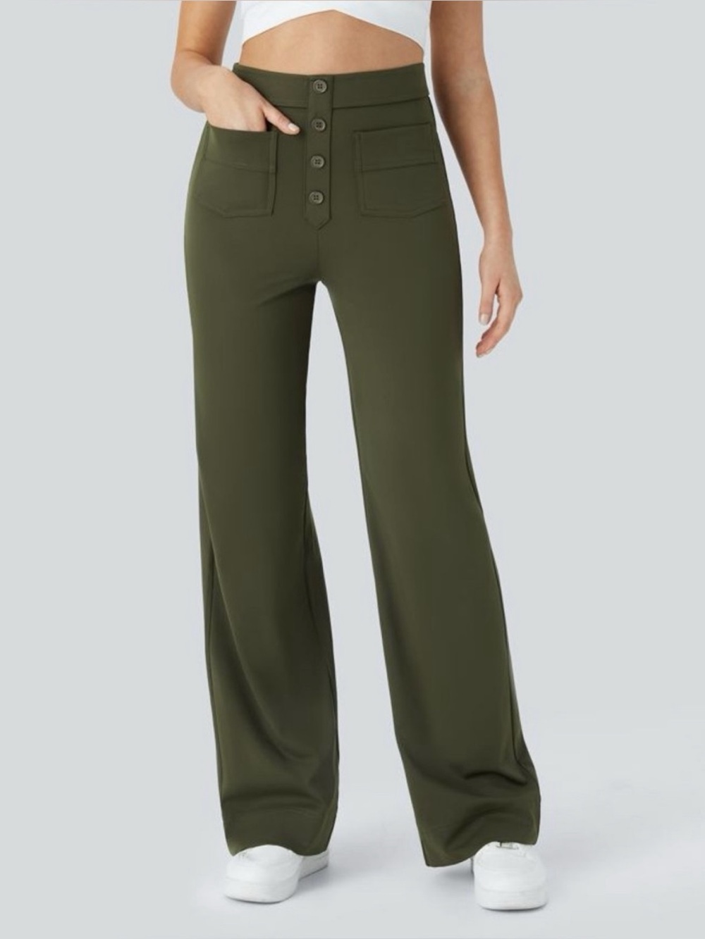 Halara NWT Viral Stretch Pants High Waisted Button Straight Leg Medium Petite